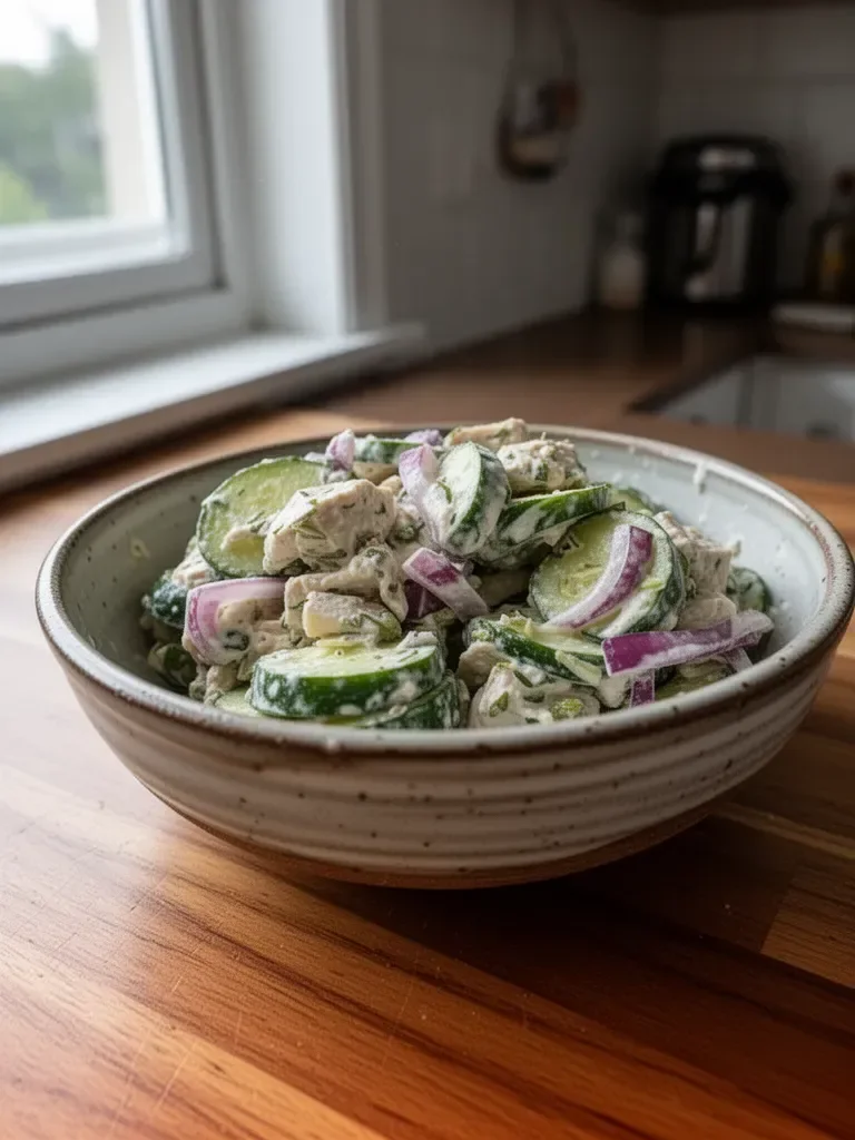 High protein cucumber salad with fresh vegetables and dressing