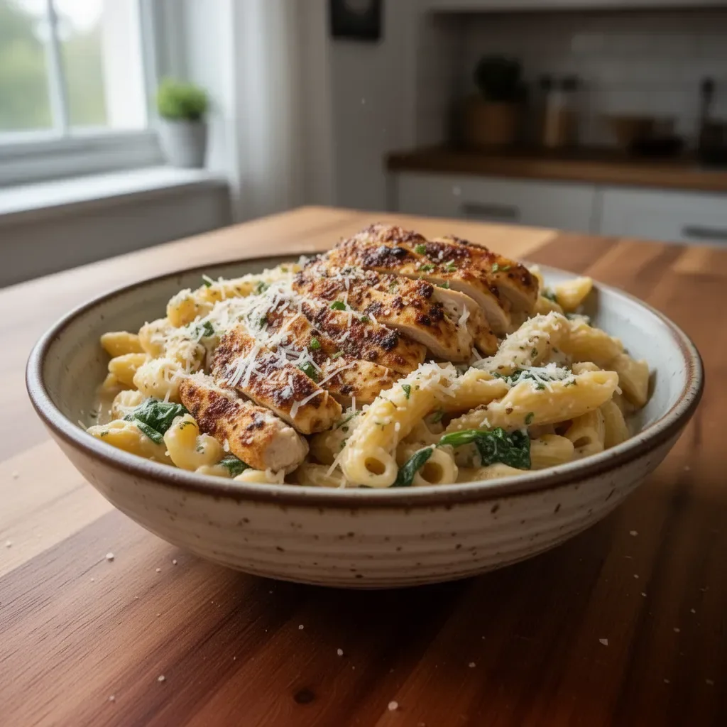 High protein garlic parmesan pasta bowls topped with fresh herbs and cheese