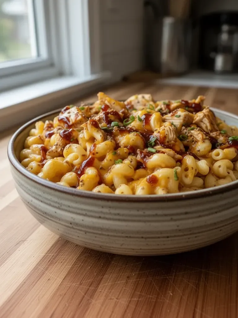 High-protein honey BBQ chicken mac & cheese in a creamy cheese sauce.