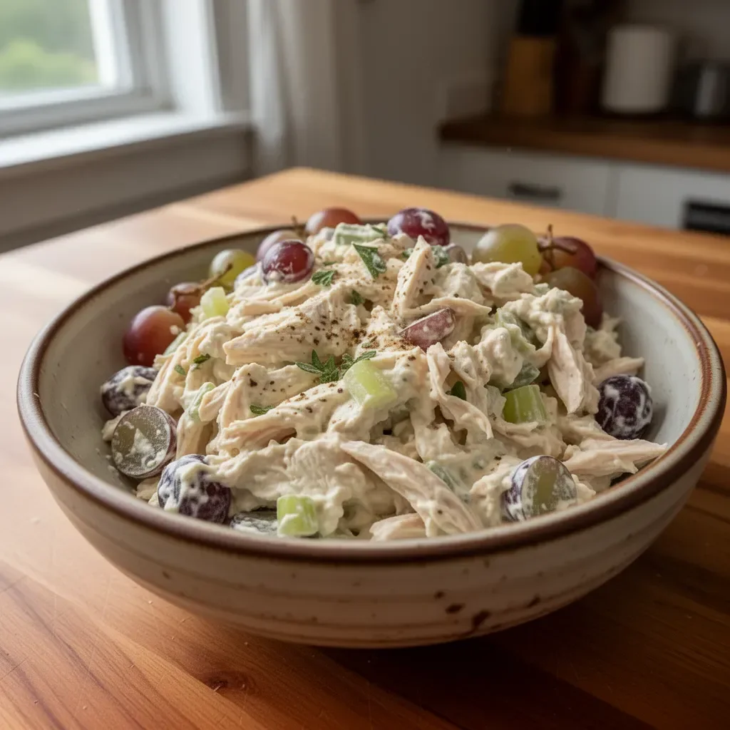 Homemade chicken salad with grapes served in a bowl