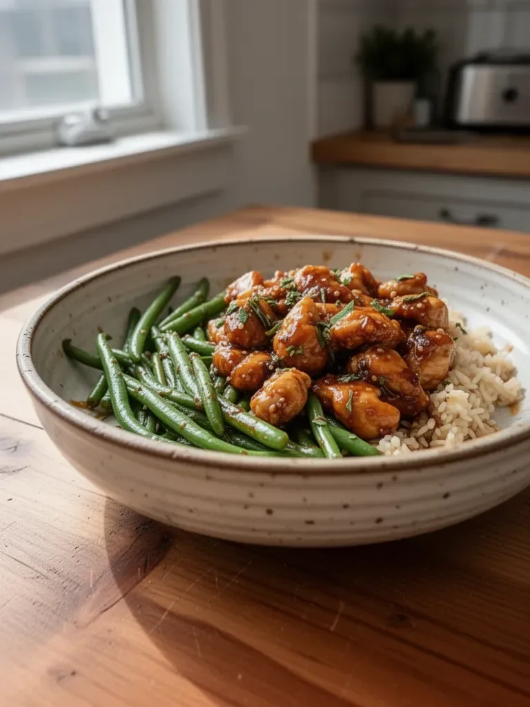 Delicious Honey Garlic Chicken served with fresh green beans.