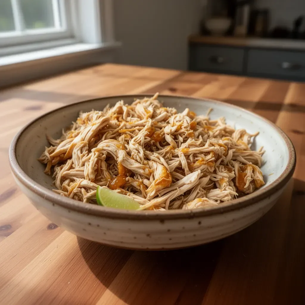 Honey lime shredded chicken served in a bowl with fresh herbs.