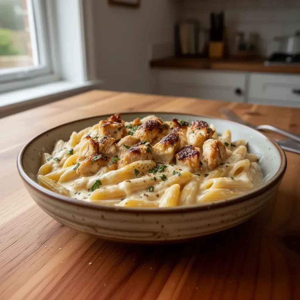 Garlic Butter Chicken Penne with Creamy Three-Cheese Sauce served in a bowl