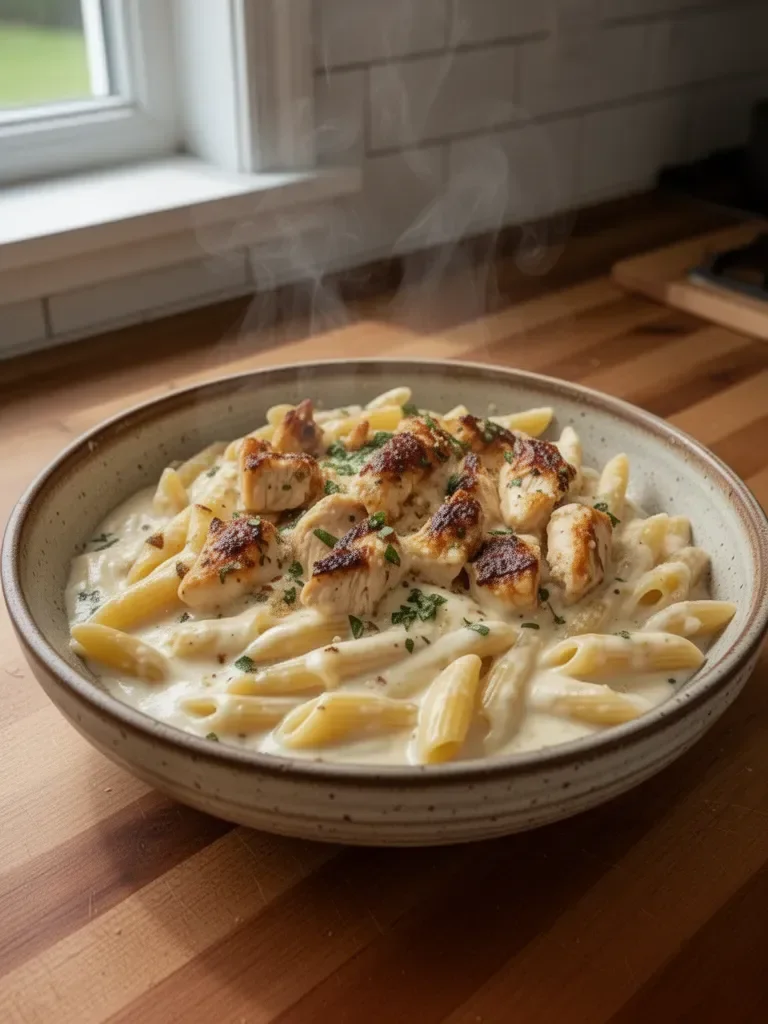 Indulgent Garlic Butter Chicken Penne with Creamy Three-Cheese Sauce