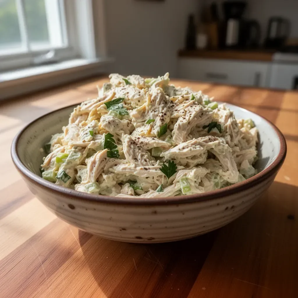 Bowl of delicious homemade chicken salad with fresh vegetables and herbs