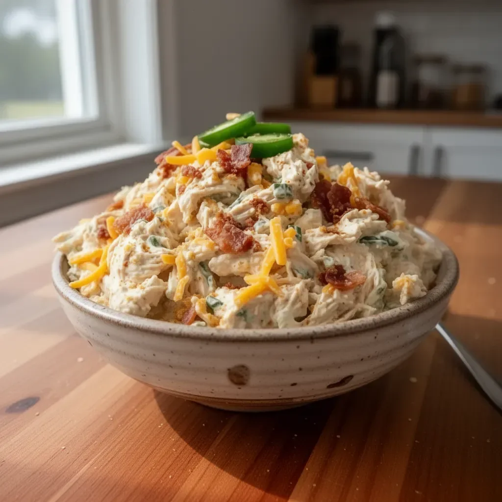 Bowl of Jalapeño Popper Chicken Salad garnished with jalapeños and cheese