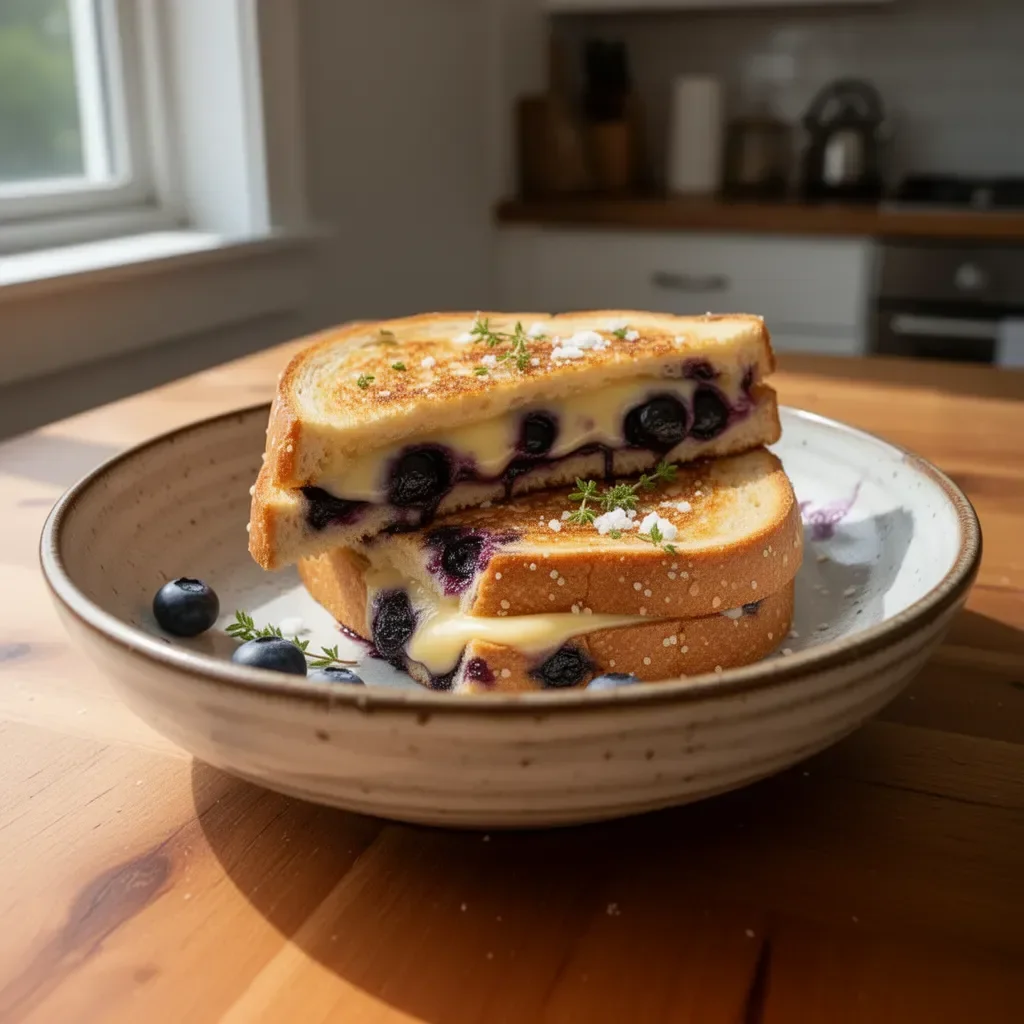 Juicy blueberry grilled cheese sandwich on a plate with melted cheese and blueberries.