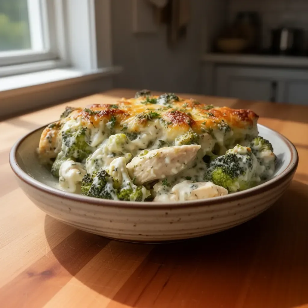 Keto Chicken Alfredo Broccoli Bake topped with cheese in a baking dish.