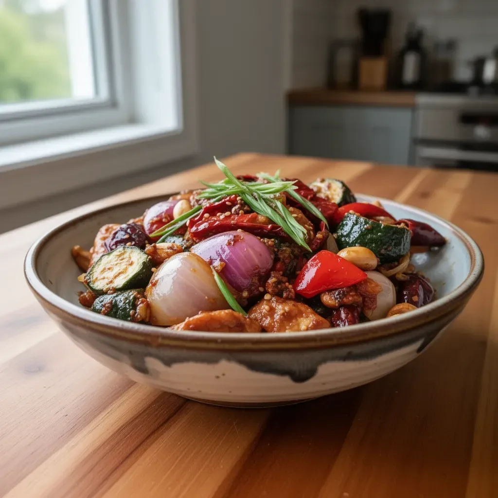Delicious Keto Kung Pao Chicken served in a bowl with fresh vegetables.