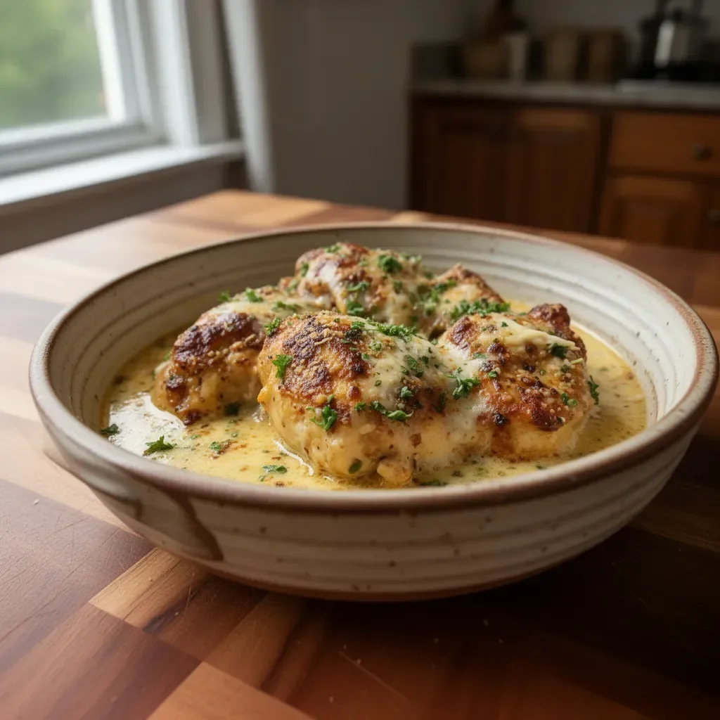 Keto Slow Cooker Garlic Parmesan Chicken with herbs and spices
