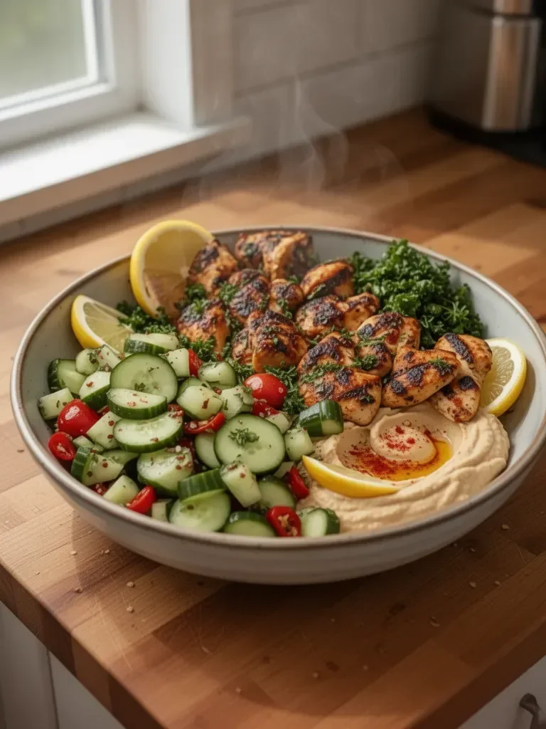 Lemon Chili Grilled Chicken Bowls with Fresh Cucumber Salad & Hummus