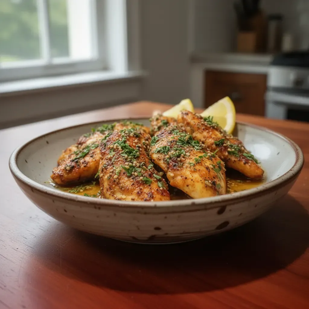 Plate of succulent lemon pepper chicken garnished with fresh herbs