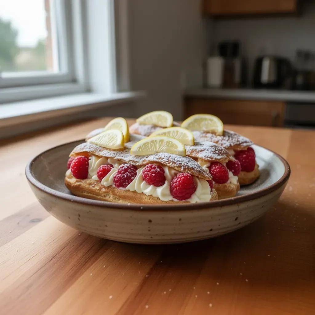 Lemon Raspberry Eclairs 3 Lemon raspberry eclairs topped with fresh raspberries and lemon zest.
