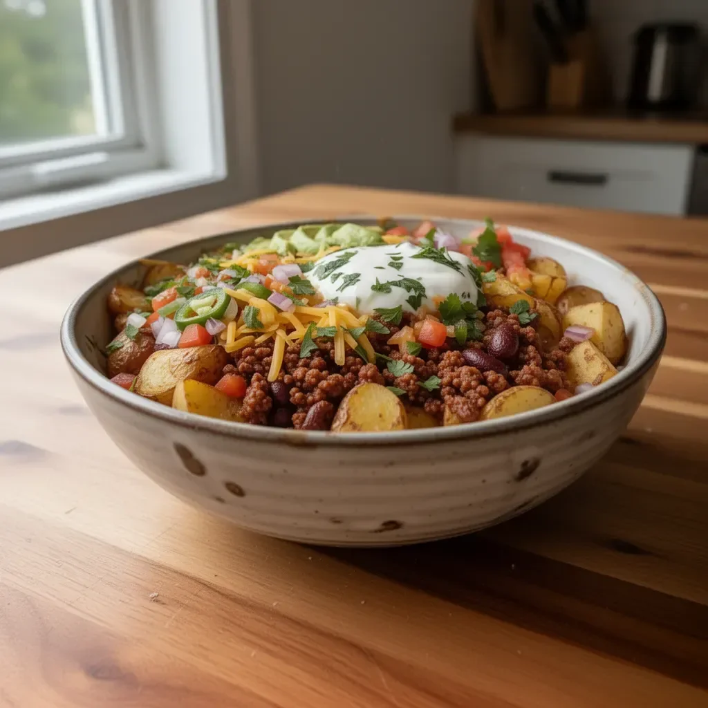 Loaded Potato Taco Bowl with creamy potatoes and savory toppings