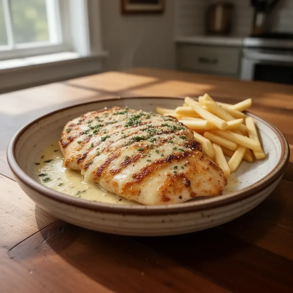Delicious Longhorn Steakhouse Parmesan Chicken served with herbs and cheese