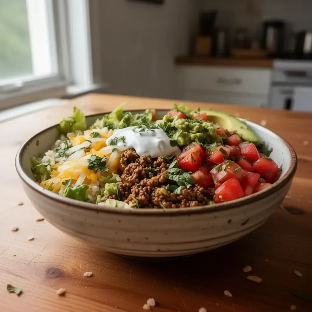 Delicious low carb burrito bowl with fresh ingredients and toppings