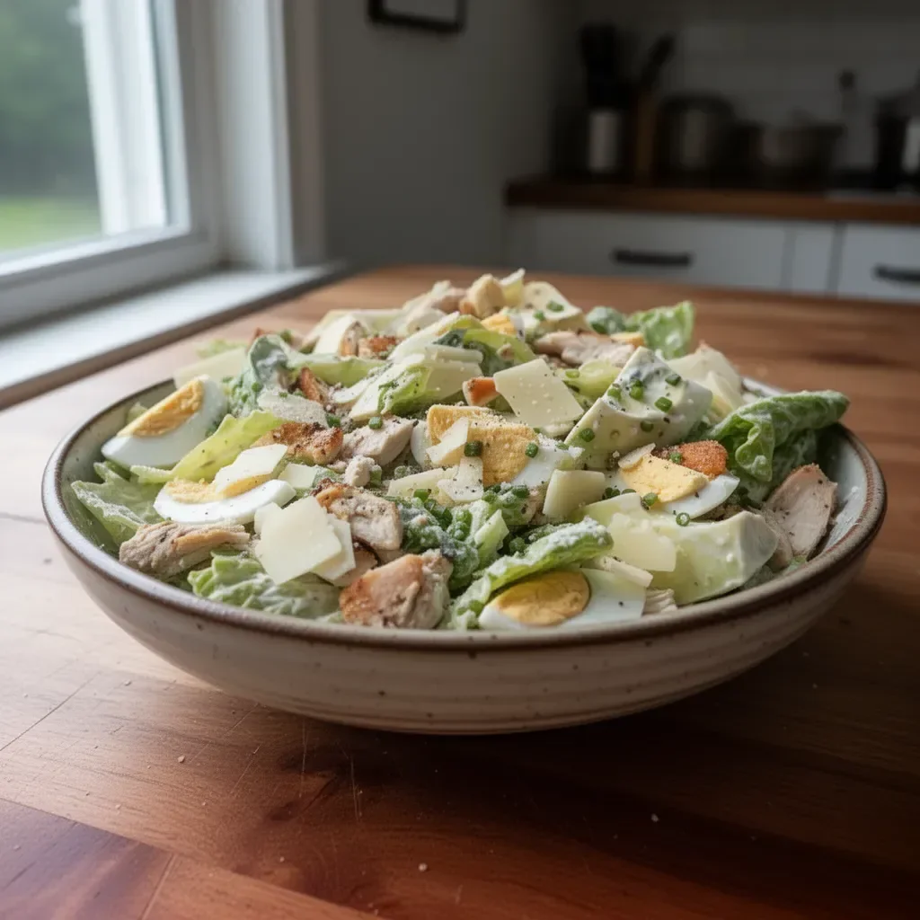 Low Carb Chicken Caesar Salad with grilled chicken, romaine lettuce, and Caesar dressing