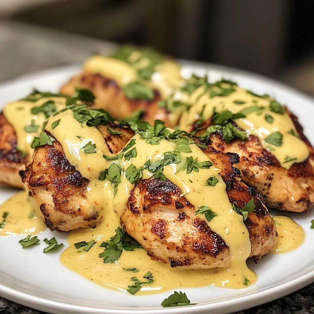 Plate of Mexican Chicken topped with creamy cheese sauce and garnished with herbs