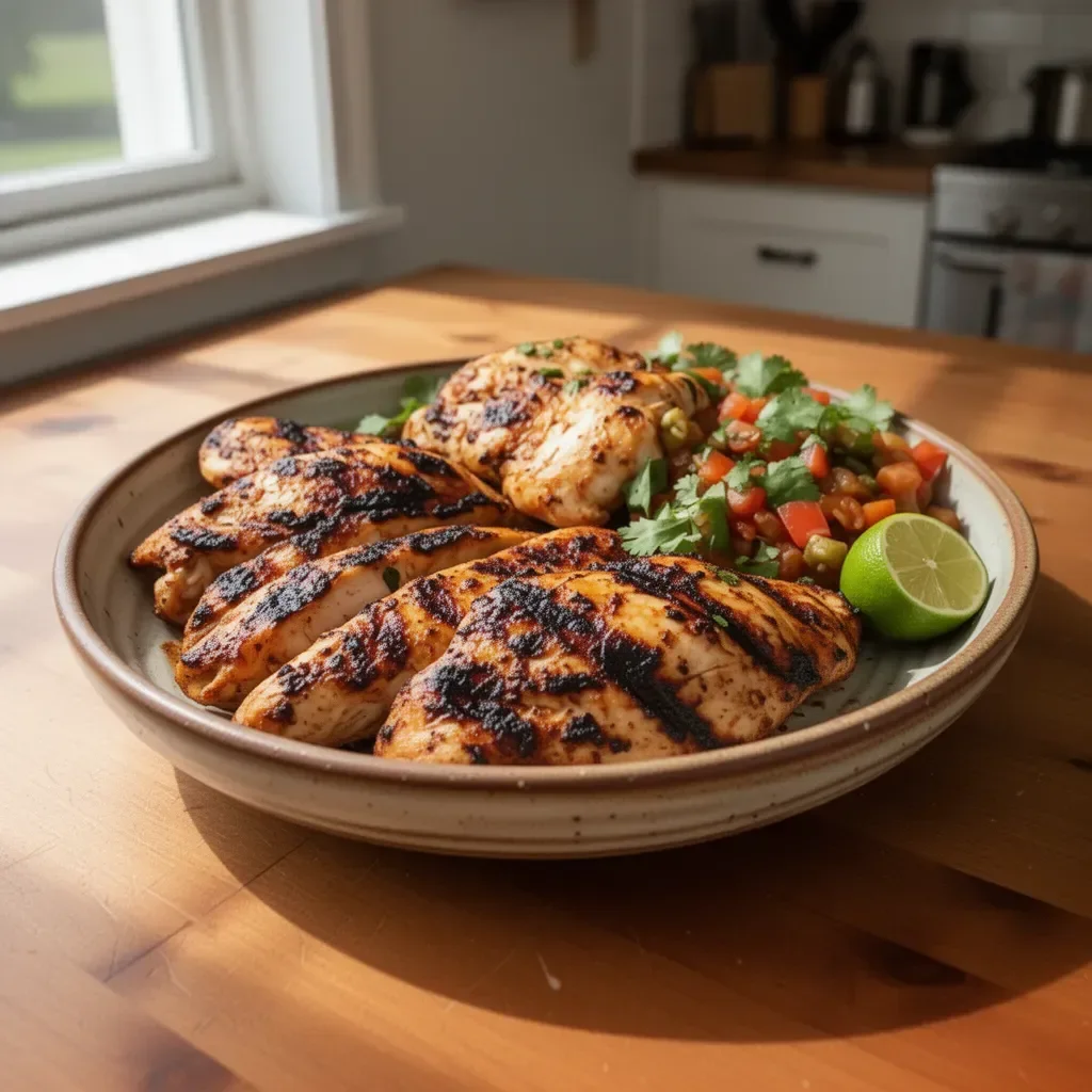 Mexican grilled chicken dish served with spices and fresh ingredients