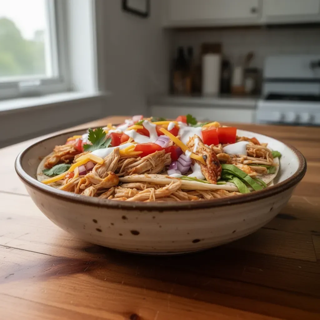 Delicious Mexican pulled chicken served in tacos with vibrant toppings.