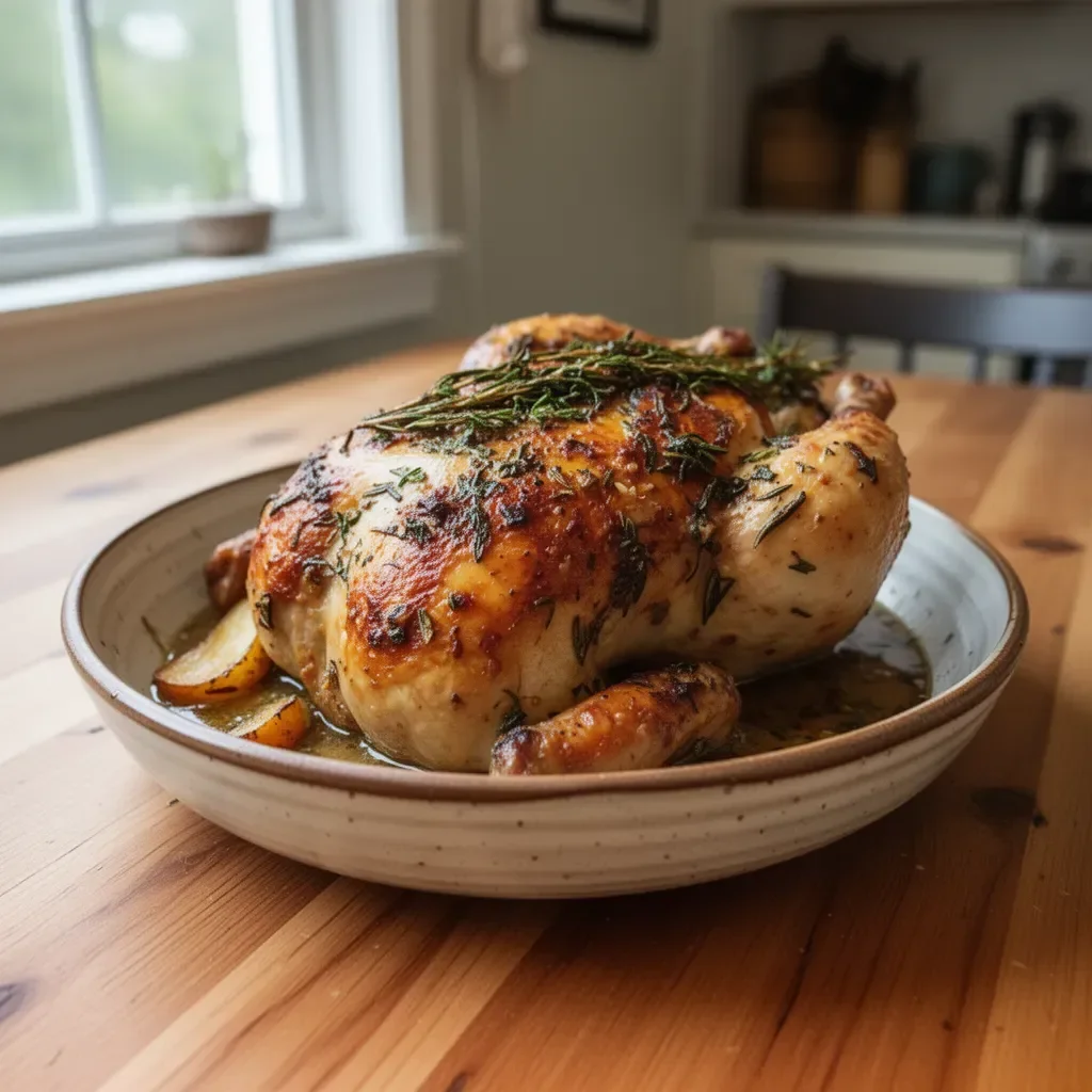 Moist and tender crockpot whole chicken with farmhouse herbs ready to serve