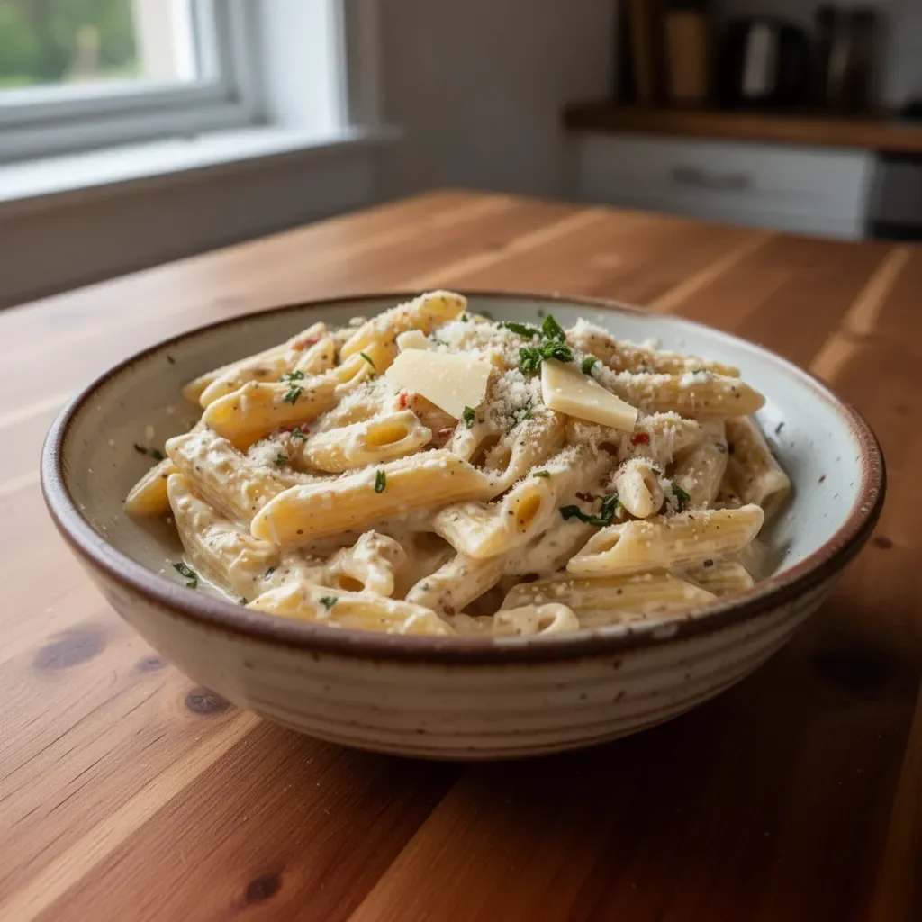 Delicious one pot creamy garlic pasta in a bowl, garnished with parsley.