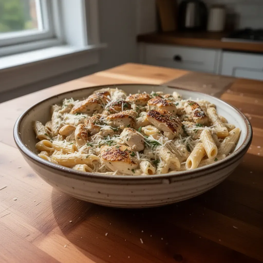 Delicious One Pot Creamy Parmesan Chicken Pasta served in a bowl