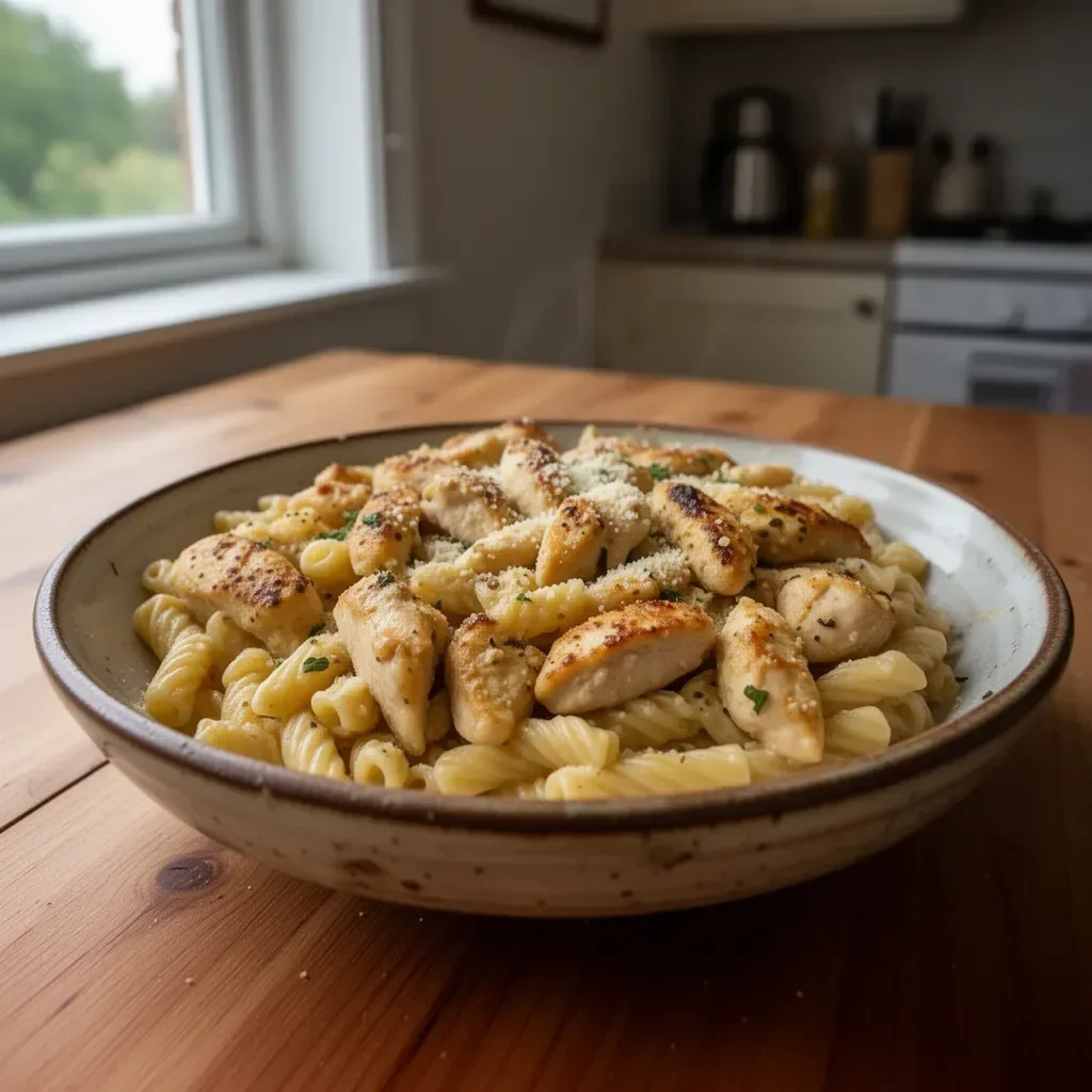 One pot garlic parmesan chicken pasta served in a bowl