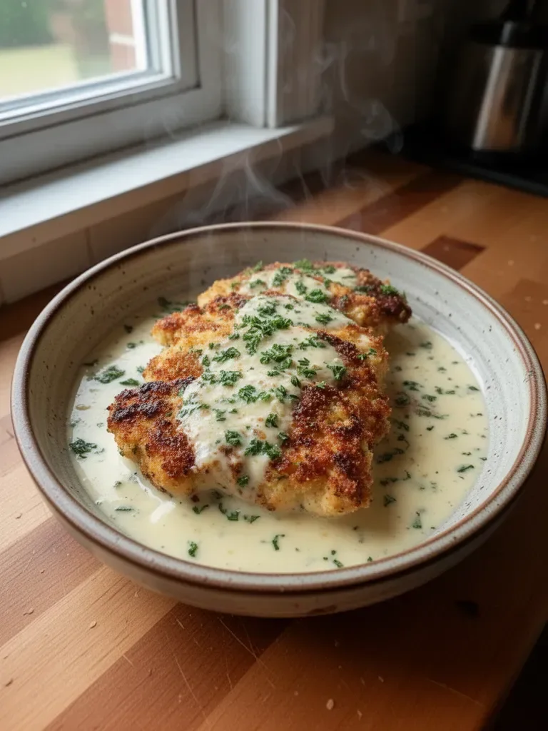 Parmesan Crusted Chicken with Creamy Garlic Sauce
