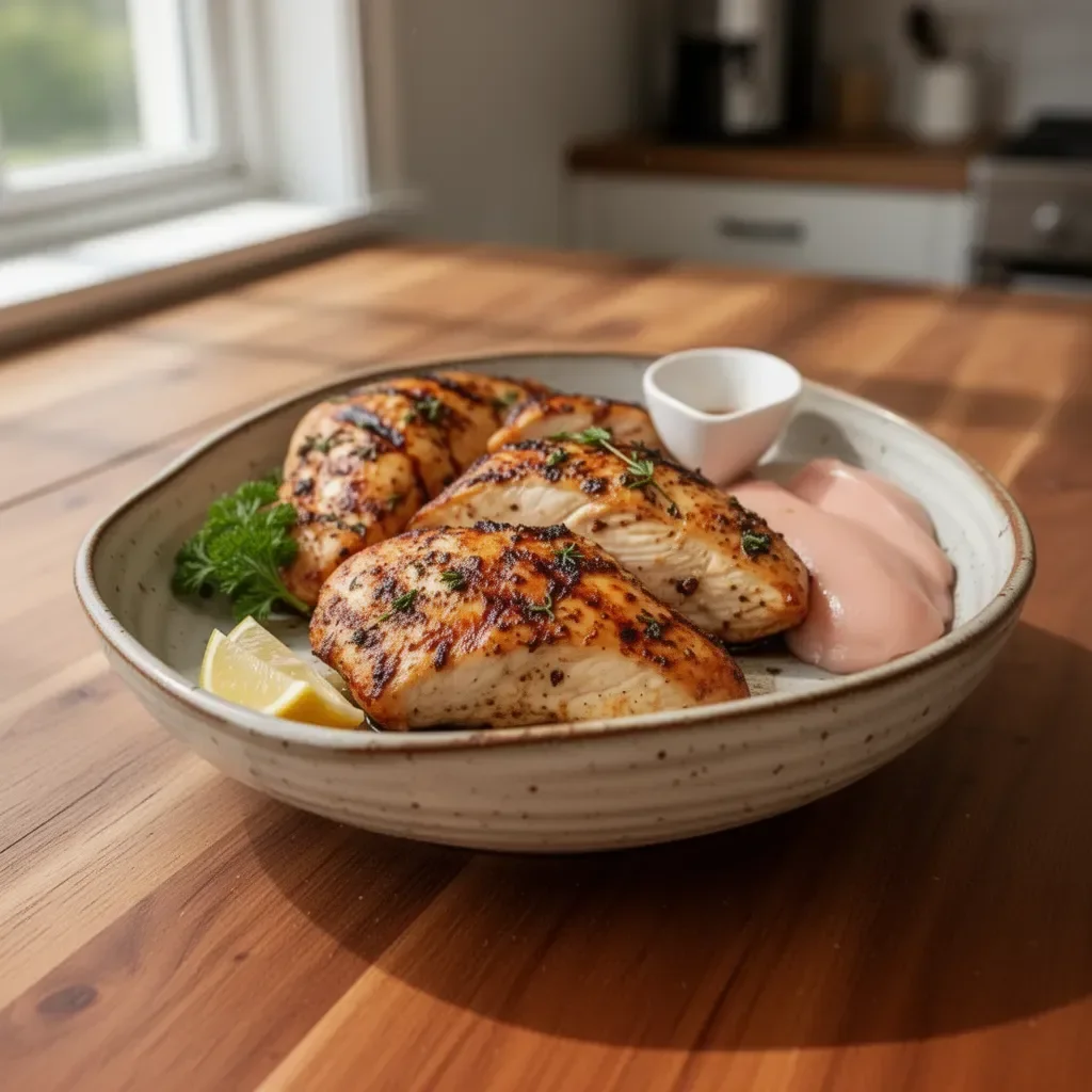 Delicious air fryer grilled chicken served on a plate with fresh herbs