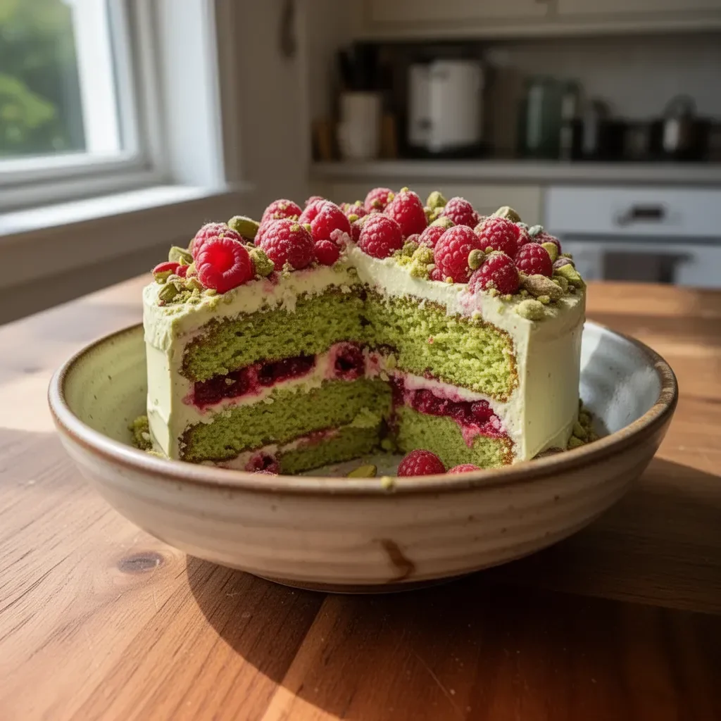 Delicious Pistachio Raspberry Cake topped with fresh raspberries and nuts.
