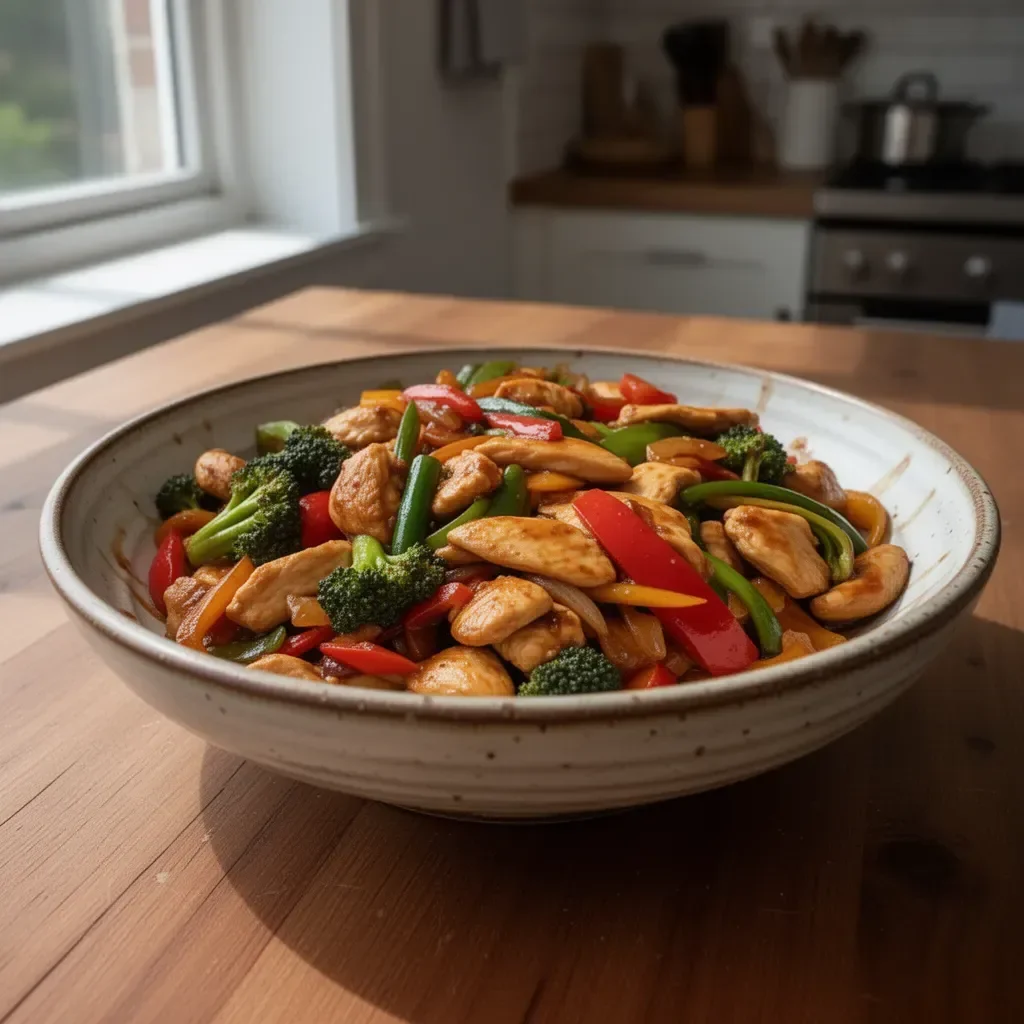 Quick chicken stir fry with colorful vegetables in a skillet