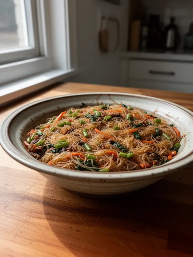 Delicious rice noodle stir-fry packed with fresh vegetables and savory flavors.
