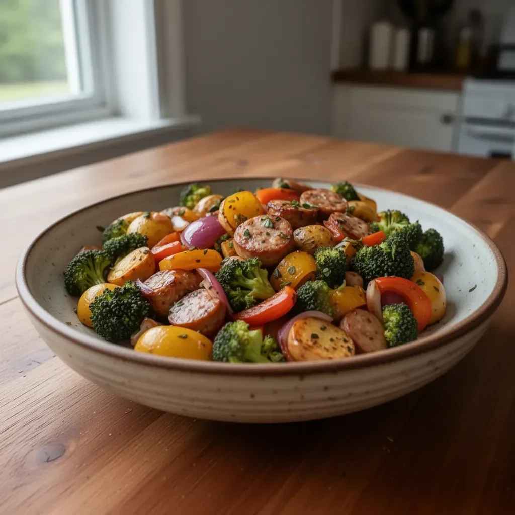 Roasted veggie and chicken sausage sheet pan dinner with colorful vegetables