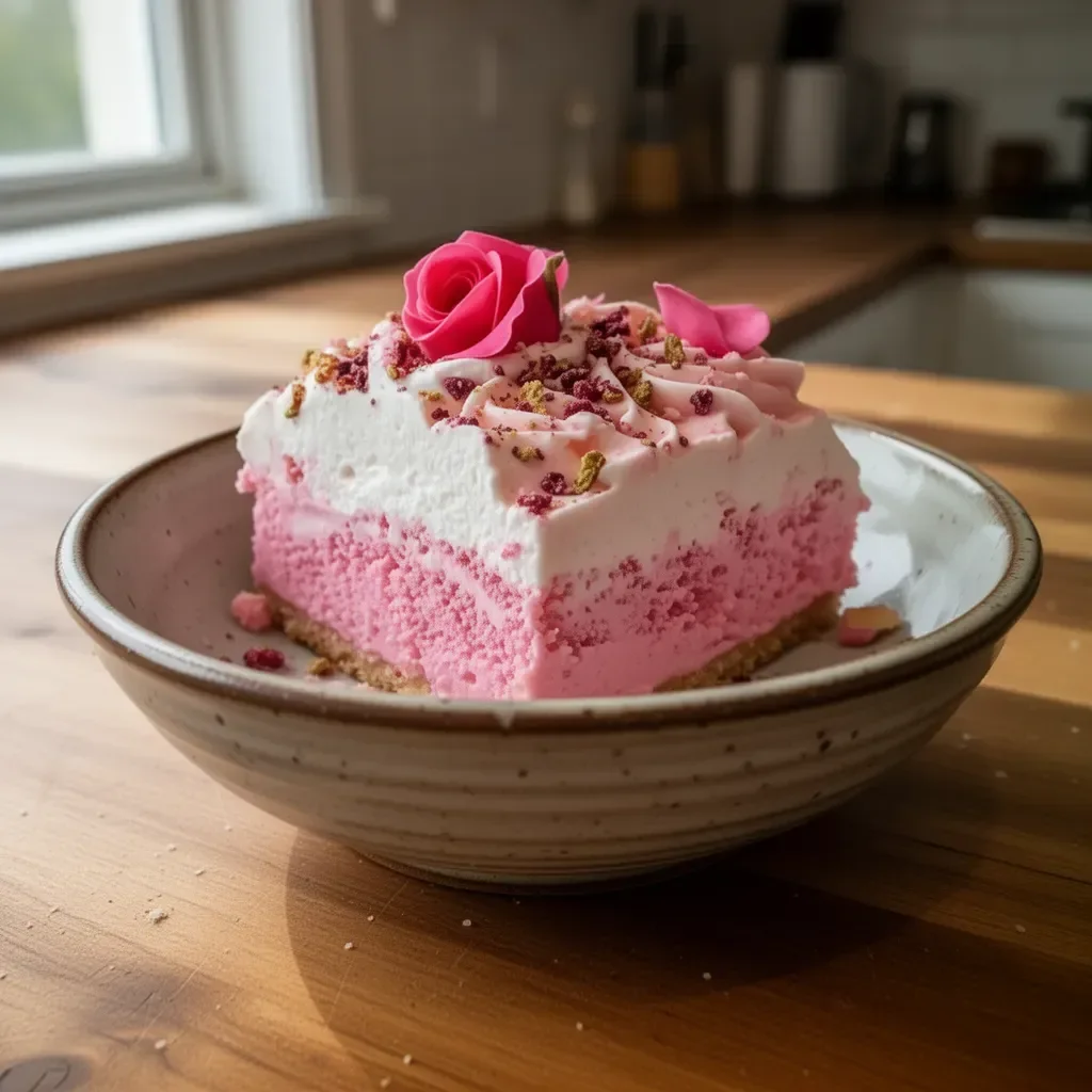 Slice of homemade Rose Milk Cake garnished with rose petals and almonds