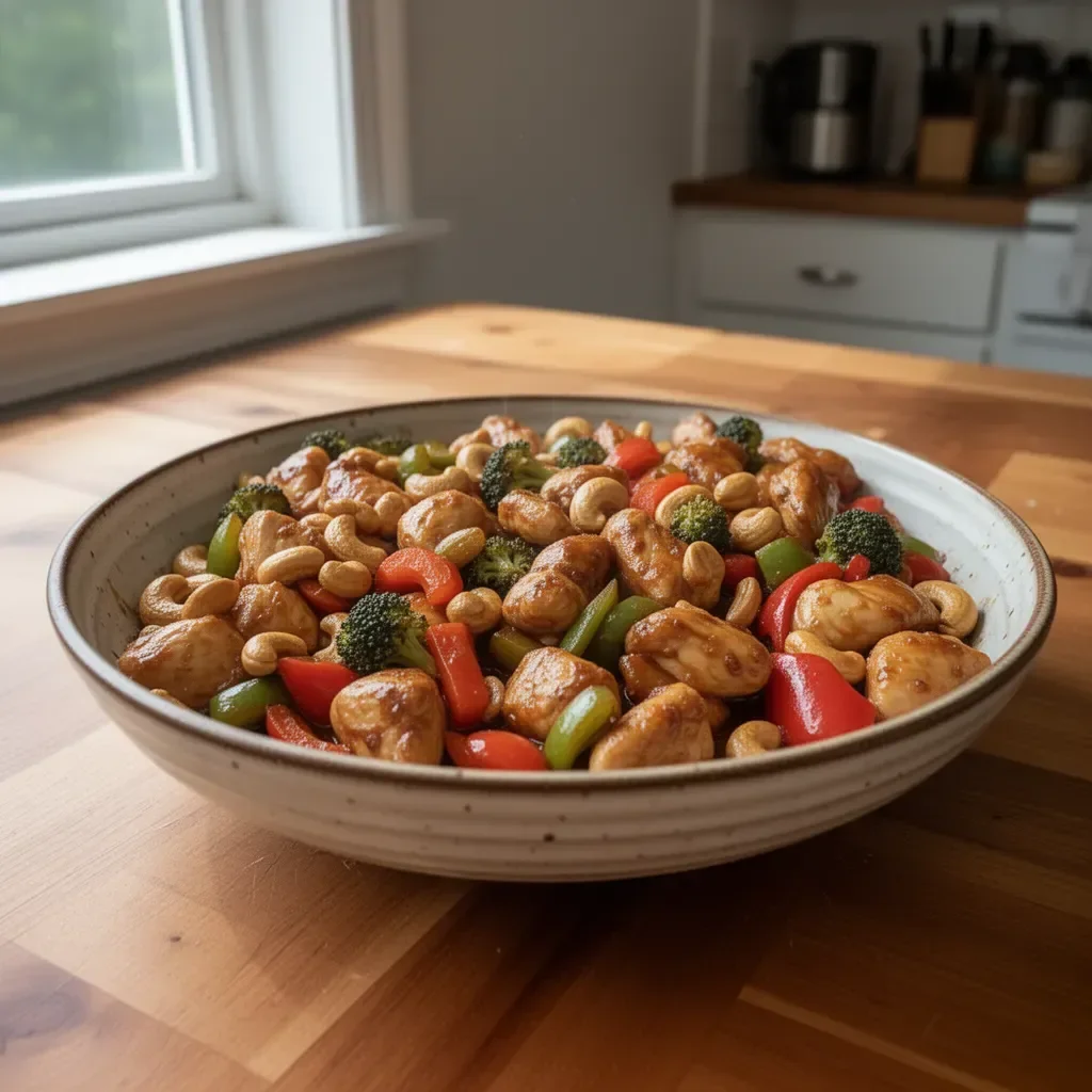 Savory sheet pan cashew chicken with colorful vegetables and cashews