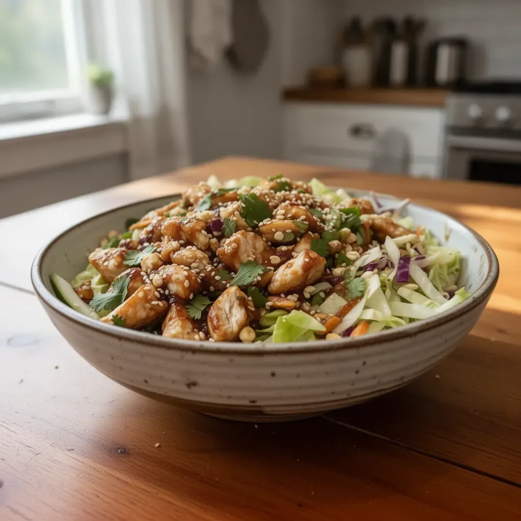 Vibrant Sesame Chicken Cabbage Crunch Salad with colorful vegetables