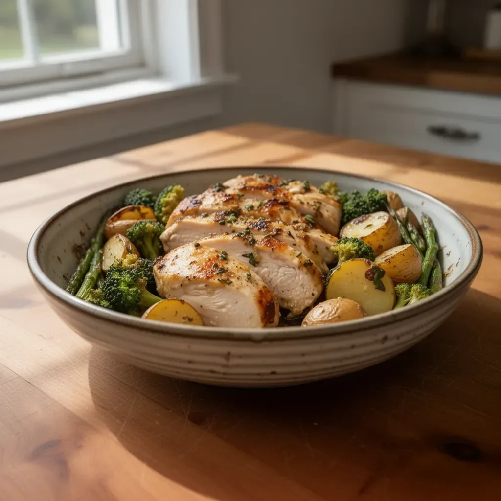 Sheet pan garlic butter chicken with colorful veggies ready to serve.