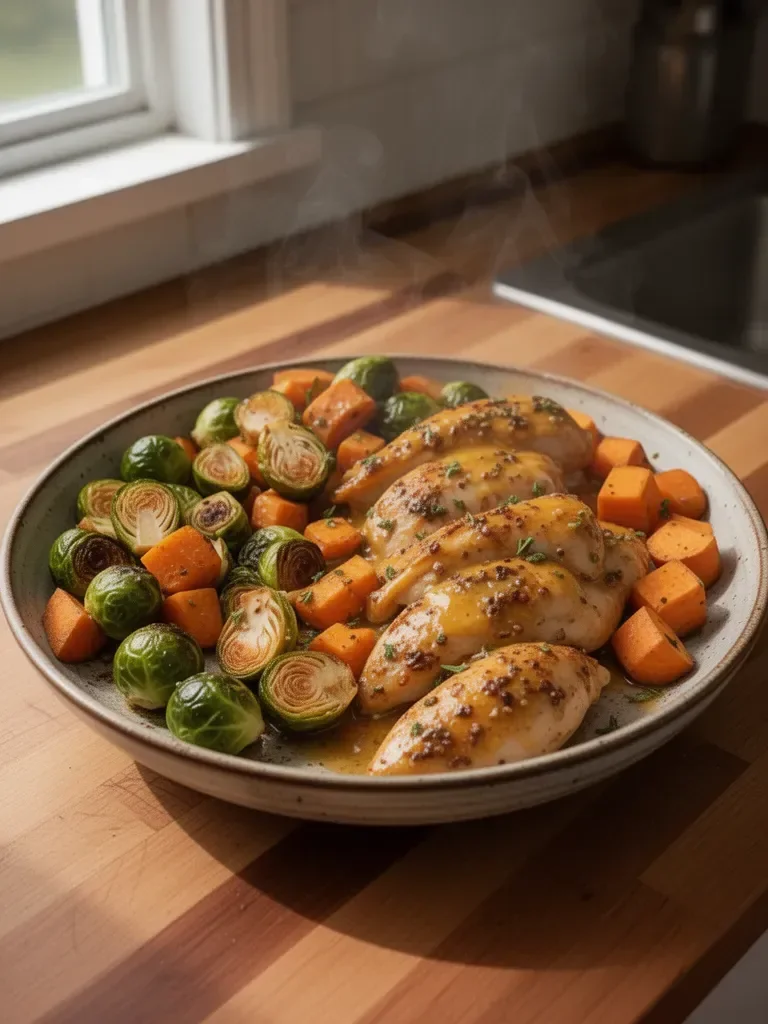 Sheet Pan Honey Dijon Chicken with Sweet Potatoes and Brussels Sprouts