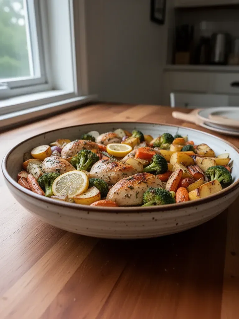 Sheet Pan Lemon Herb Chicken served with colorful roasted vegetables