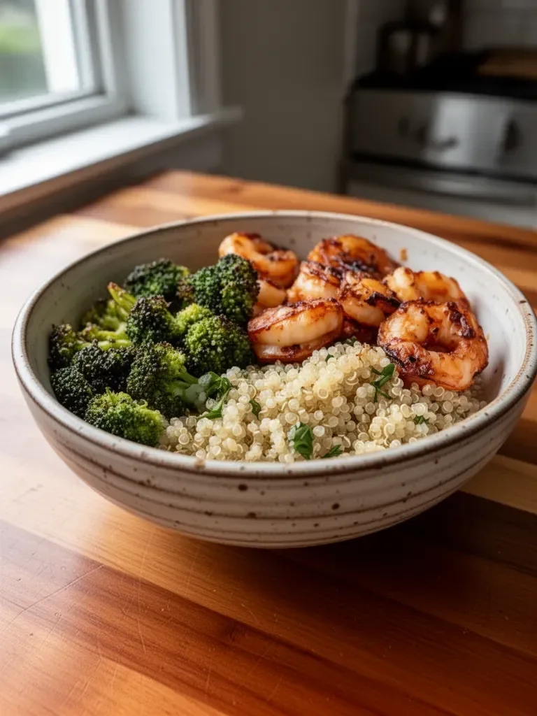 Healthy Shrimp Quinoa Bowl with vegetables and seasonings