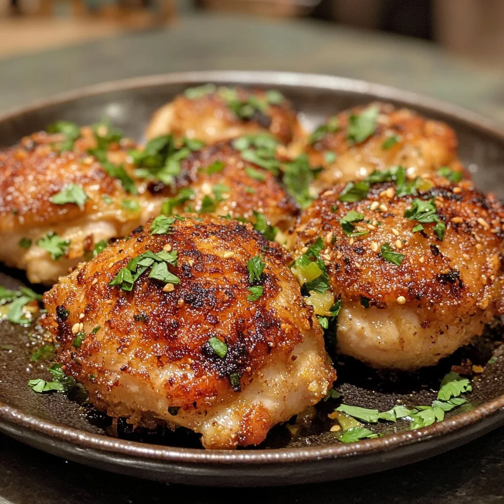 Skillet Bang Bang Chicken Thighs served with vibrant veggies