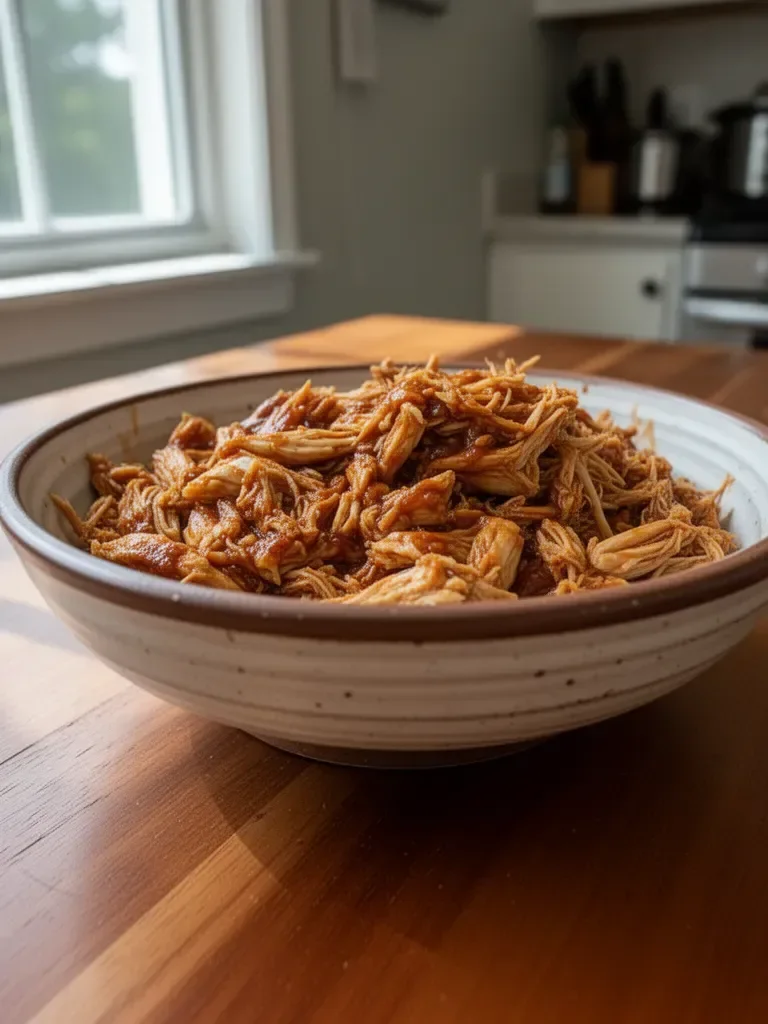Slow Cooker BBQ Chicken served with sauce and garnished on a plate