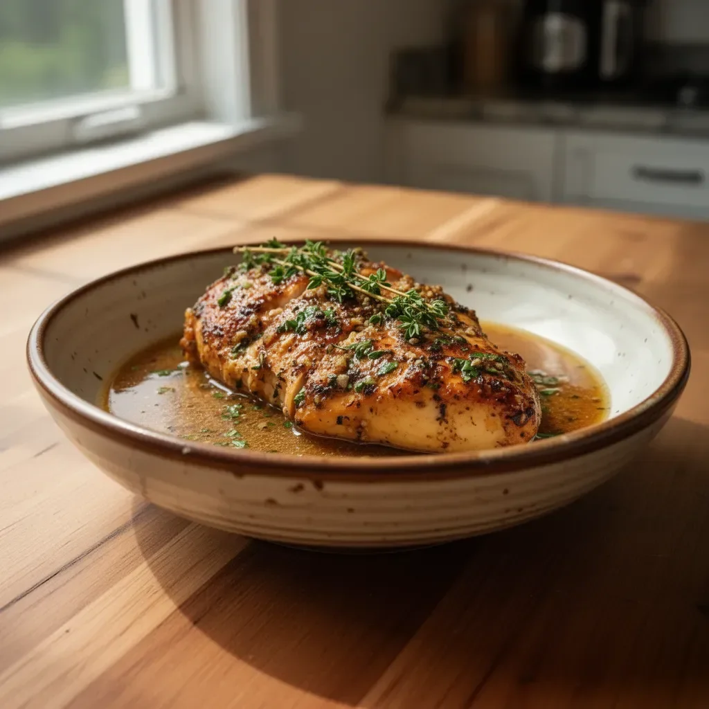 Delicious slow cooker chicken breast garnished with herbs and spices