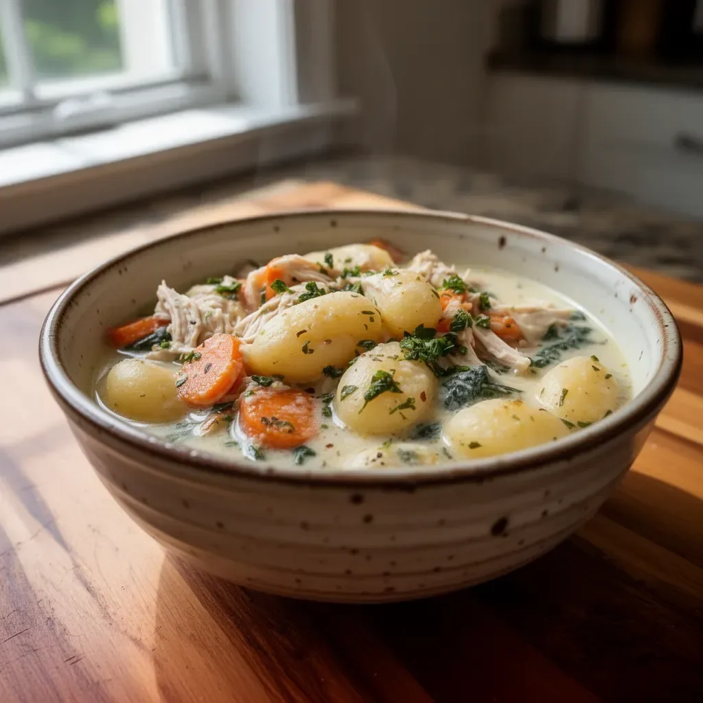 Bowl of creamy Slow Cooker Chicken Gnocchi Soup with fresh herbs.