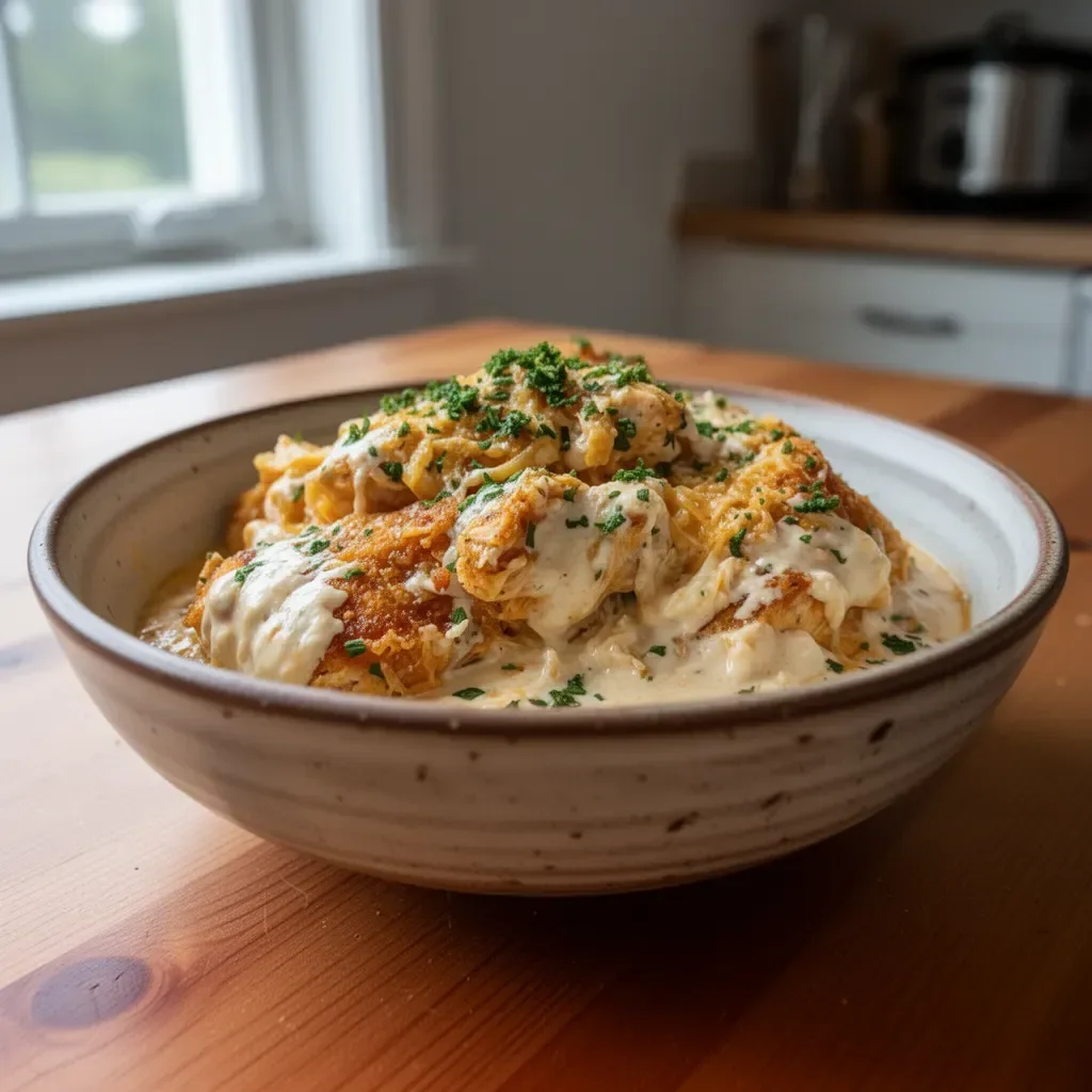 Delicious Slow Cooker Cream Cheese Crack Chicken served with herbs and spices.