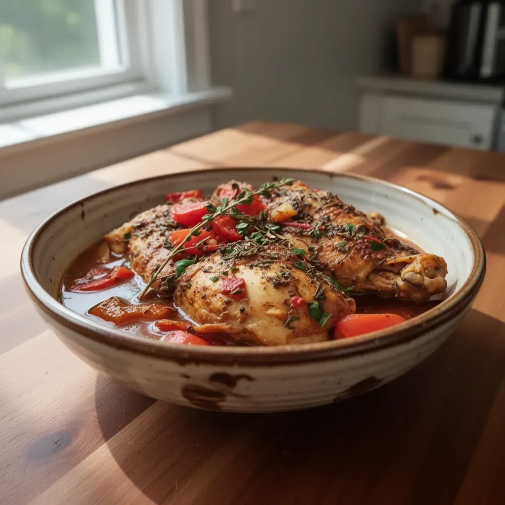 Slow cooker Greek chicken with herbs and spices garnished with fresh vegetables.