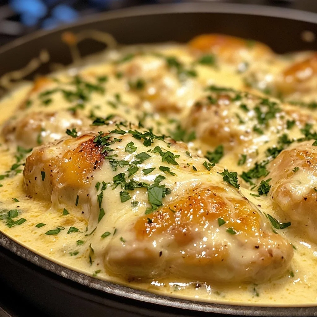 Plate of smothered cheesy sour cream chicken garnished with fresh herbs