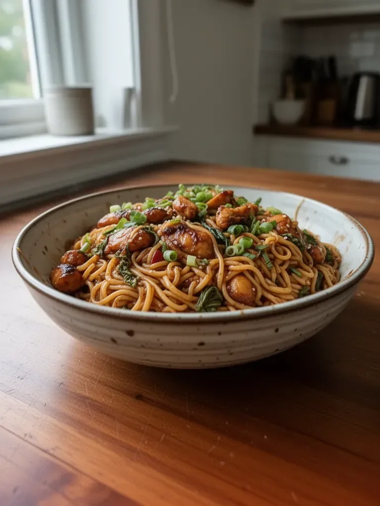 Delicious sticky garlic chicken noodles served in a bowl with fresh herbs