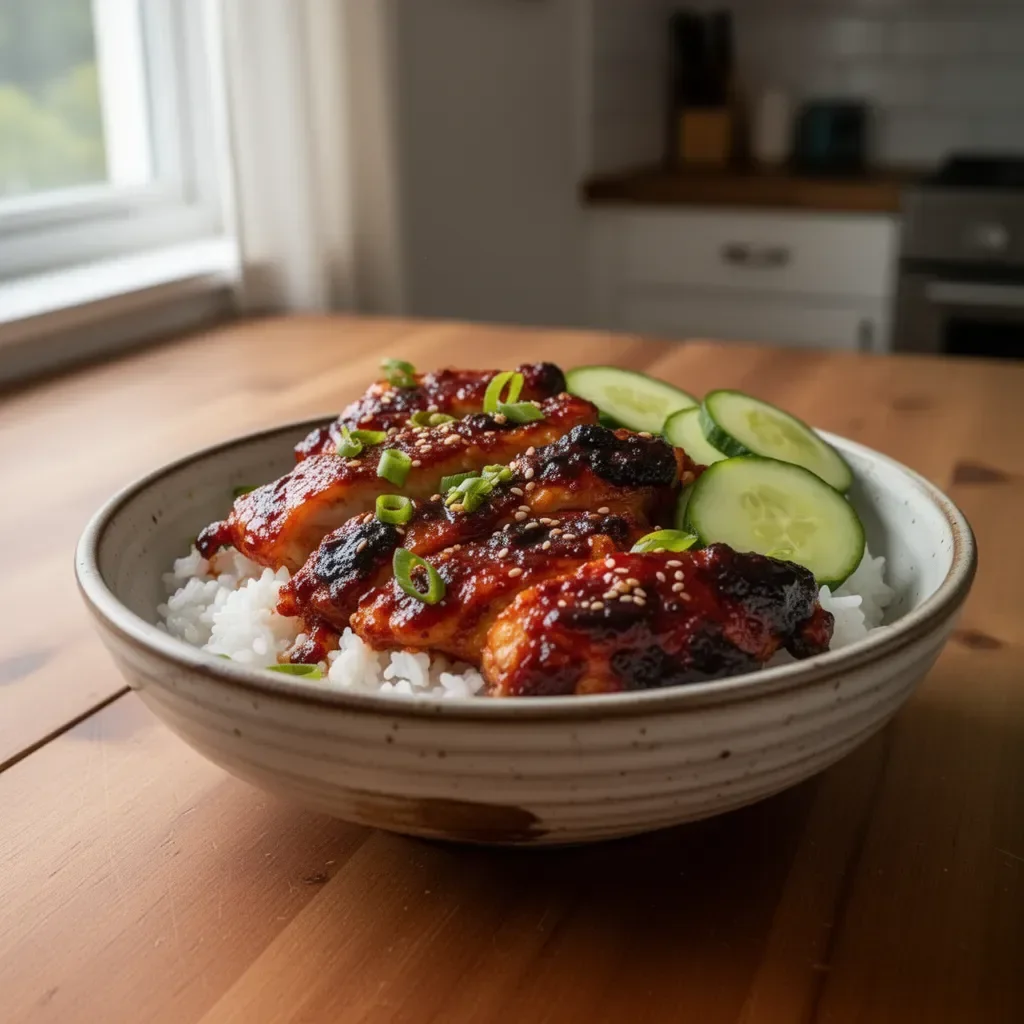 Delicious Sticky Honey Gochujang Chicken garnished with sesame seeds
